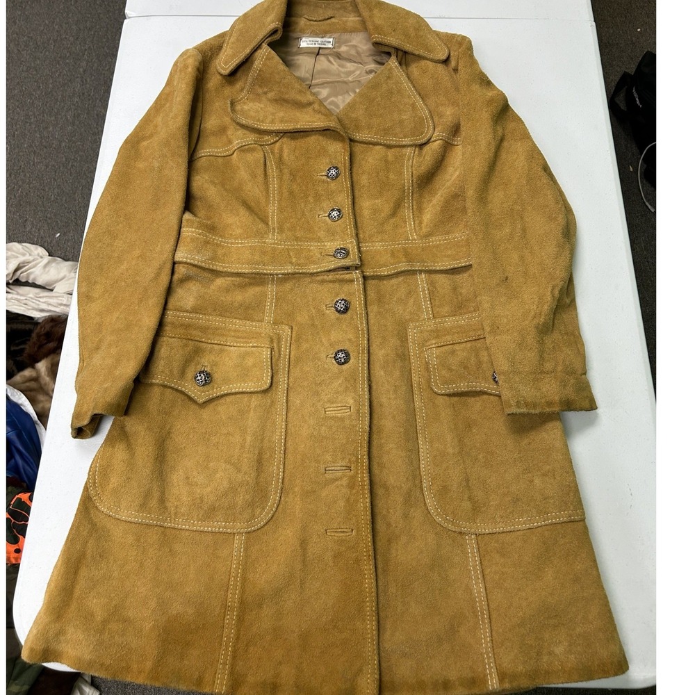 Vintage Suede Trench Coat Womens 14 Tan 70s Boho Leather Longline Jacket